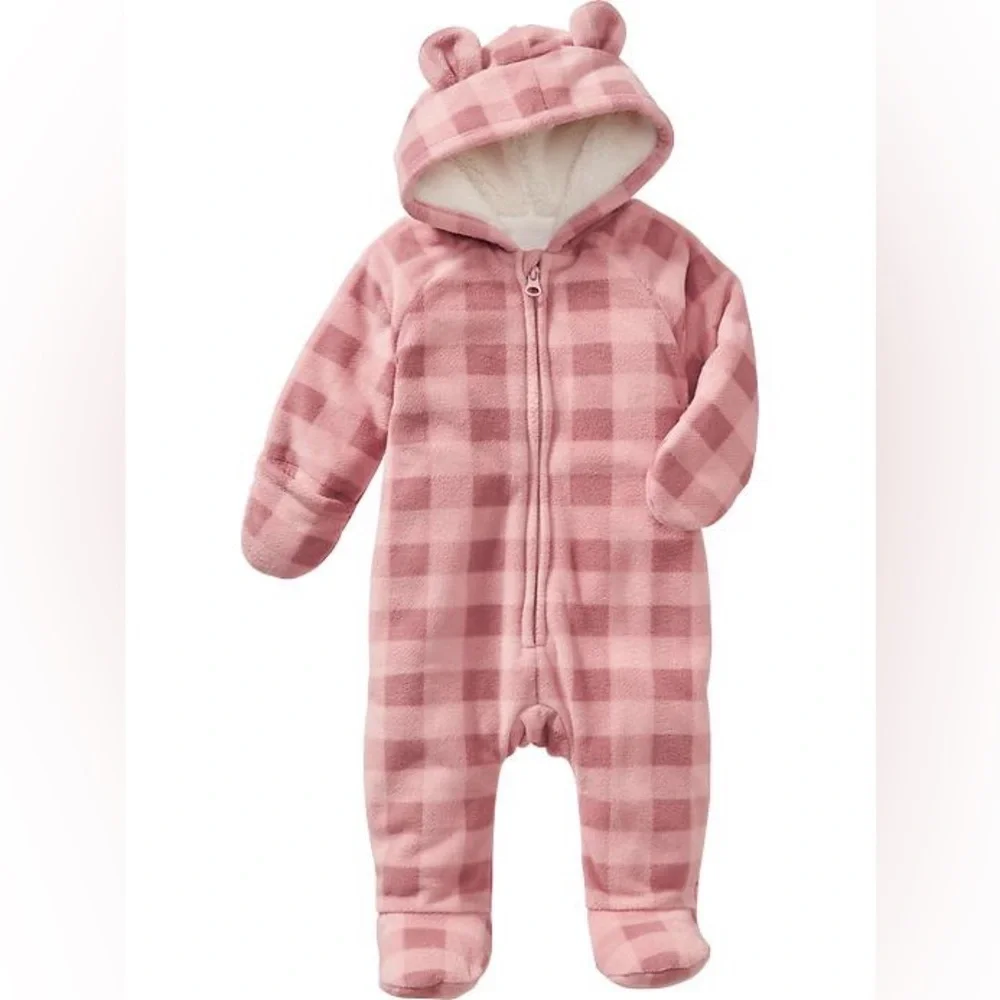 One-Piece Onesie | Kids 12-18M | Fleece Pink Plaid Bear - Picture 1 of 7